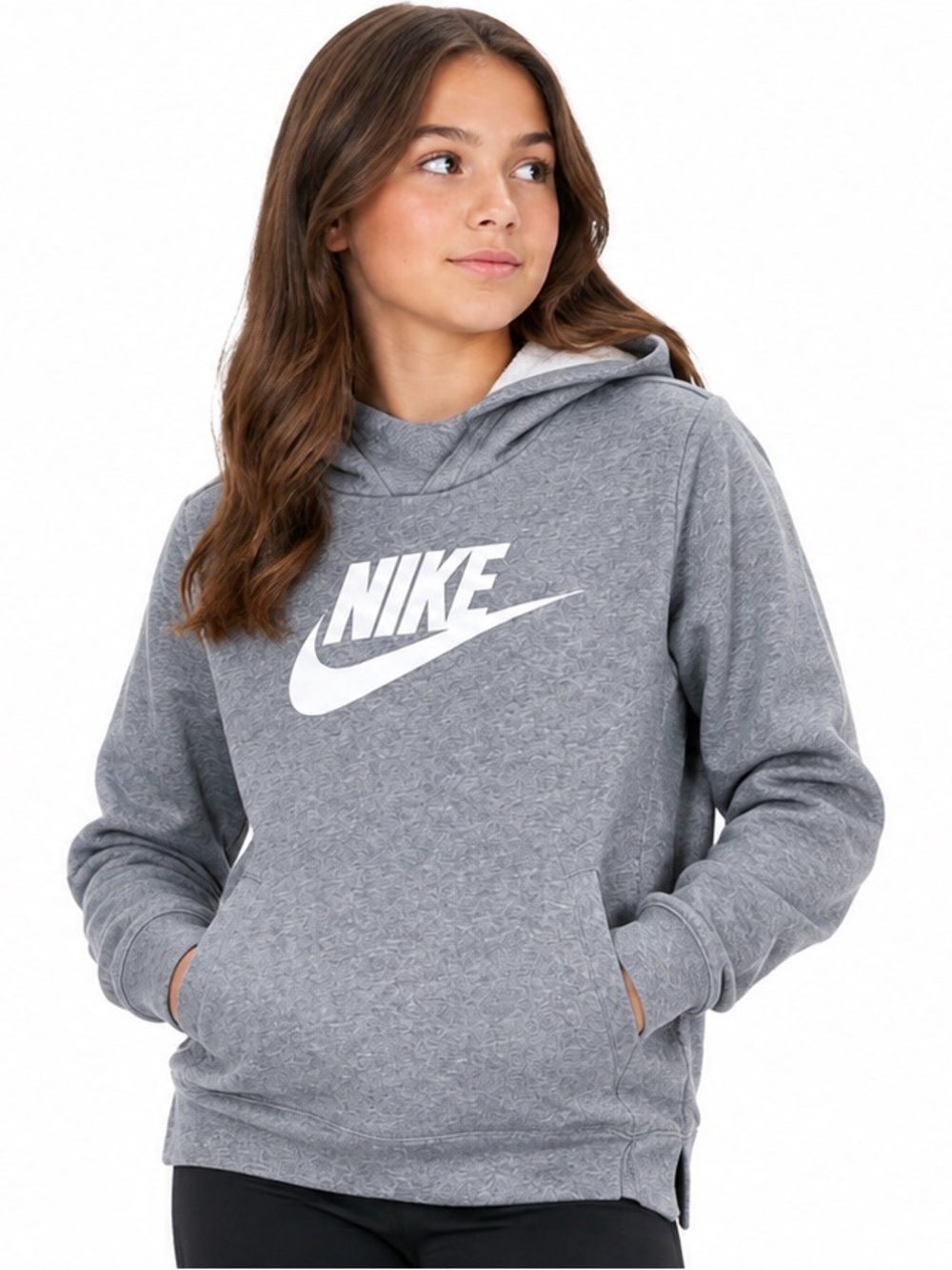 Nike Girls Club Fleece HBR Pullover Hoodie Gray Heather White Size M BV2717